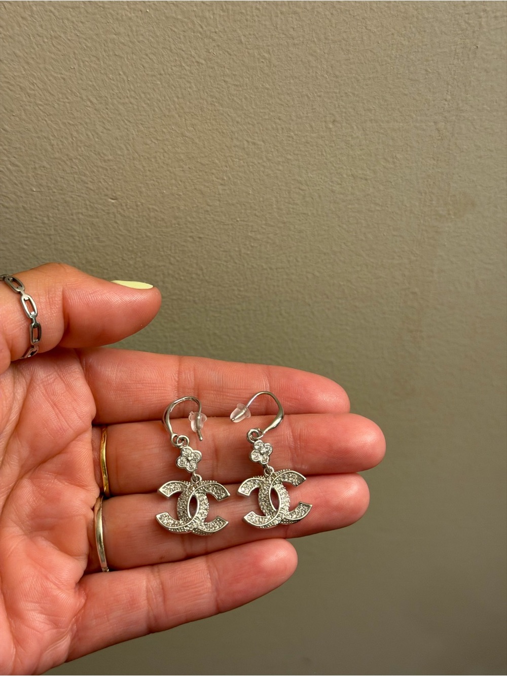 Cc Silver Logo Drop Earrings with Crystal Accents - Designer Style